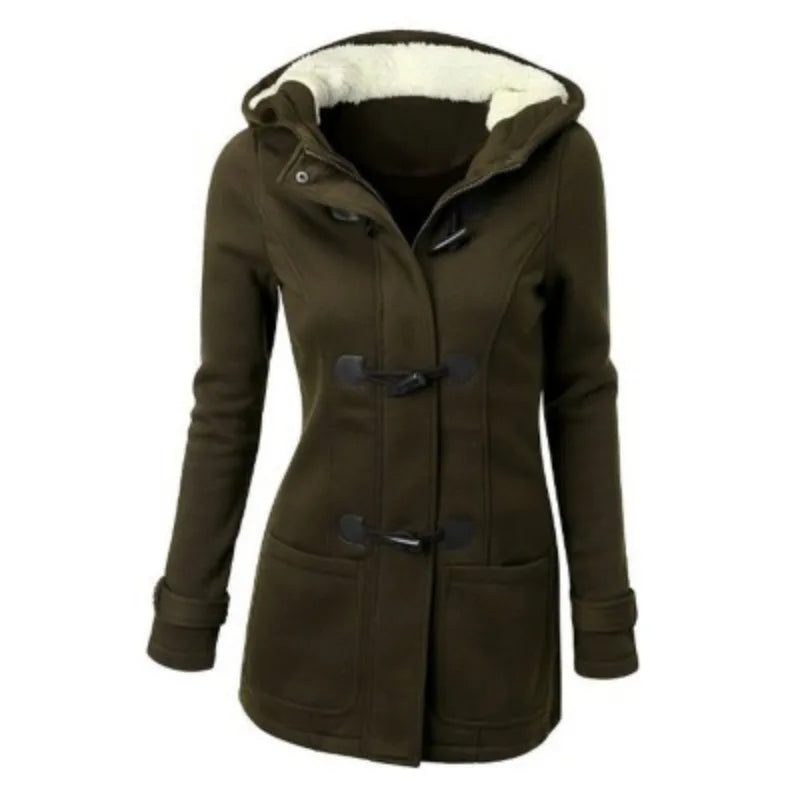 Damen Dufflecoat mit Kapuze und Knebelknöpfen - Warmer Wintermantel mit Teddyfutter