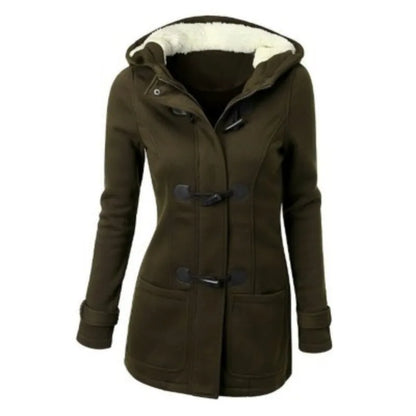 Damen Dufflecoat mit Kapuze und Knebelknöpfen - Warmer Wintermantel mit Teddyfutter