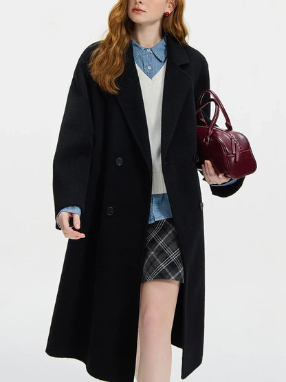 Damen Langer Mantel Doppelreiher Dunkelgrau Winter