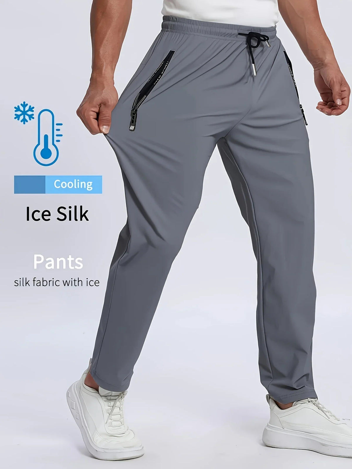 Herren Freizeithose Grau mit Reißverschlusstaschen Elastischer Bund
