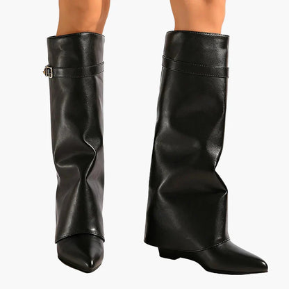 Damen Slouchy Stiefel mit spitzer Zehenpartie und flachem Absatz – Modische Overknee-Stiefel für Herbst und Winter