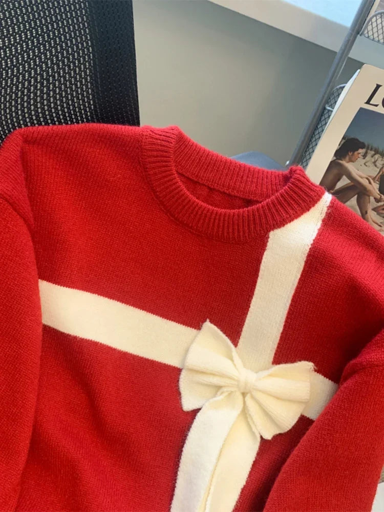 Roter Damen Pullover mit Schleifen-Applikation Rundhals