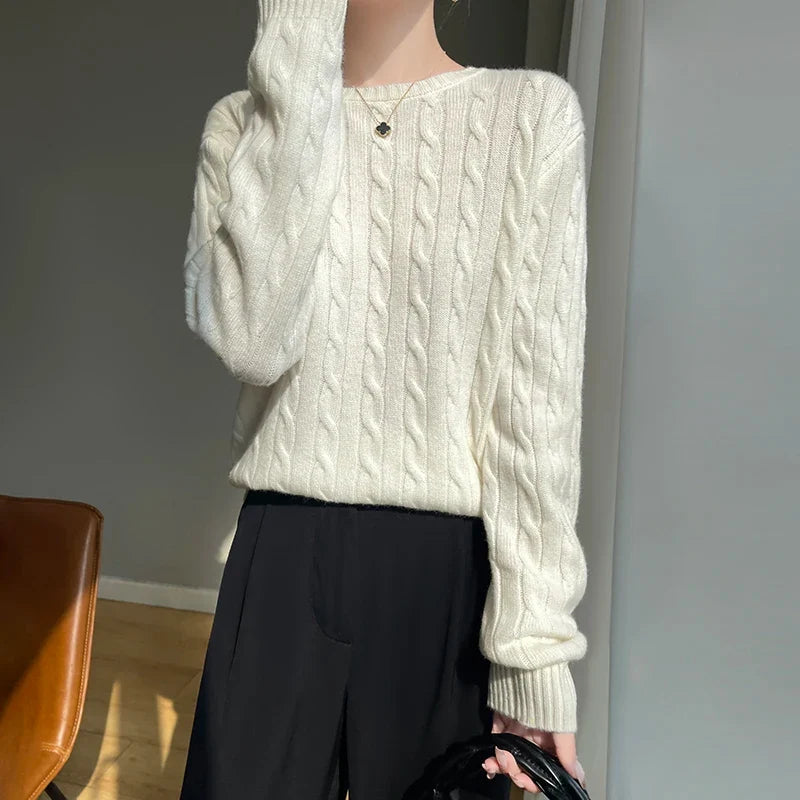 Damen Strickpullover Zopfmuster Rundhals Langarm
