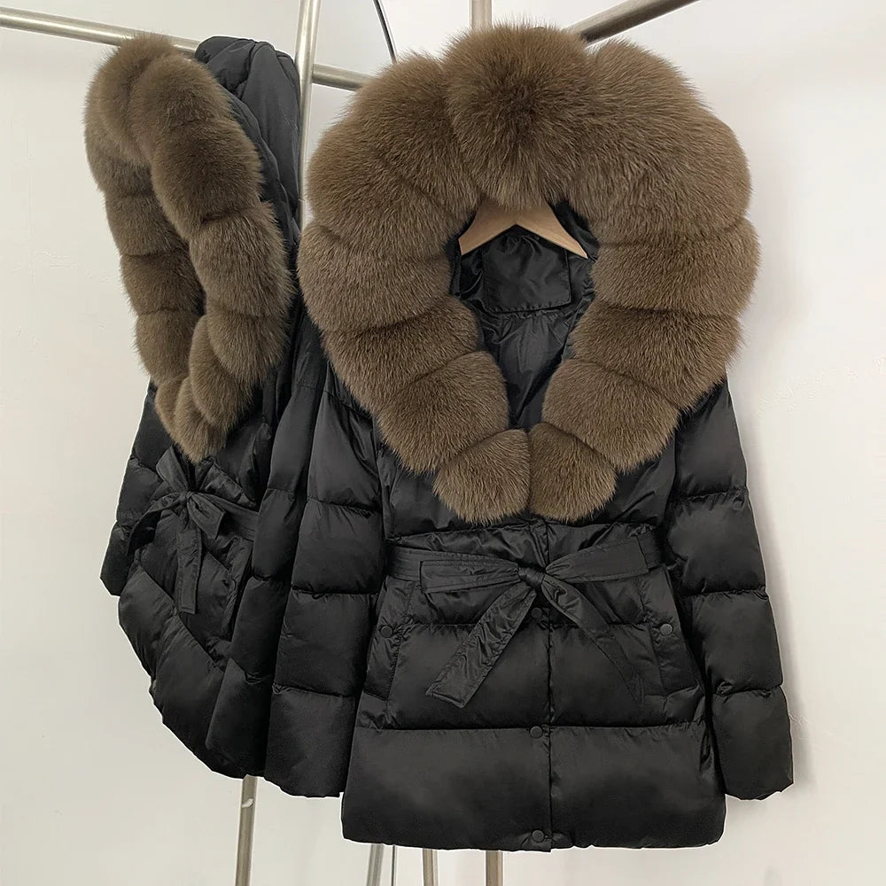 Damen Winter Steppjacke mit Kunstpelzkragen und Gürtel