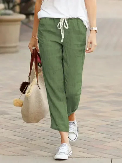 Damen Leinenhose mit Gummibund und Kordelzug, Cropped-Länge