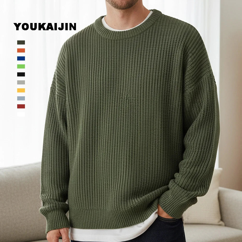 Herren Strickpullover Rundhals Weit Geschnitten Gerippte Bündchen