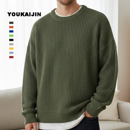 Herren Strickpullover Rundhals Weit Geschnitten Gerippte Bündchen