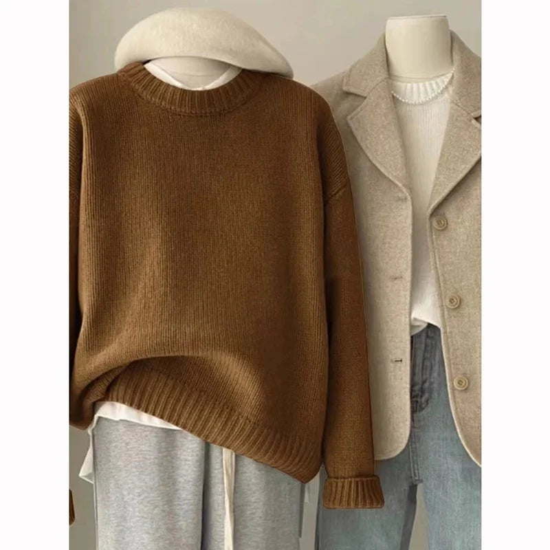 Damen Strickpullover Rundhals Rippstrick Oversize