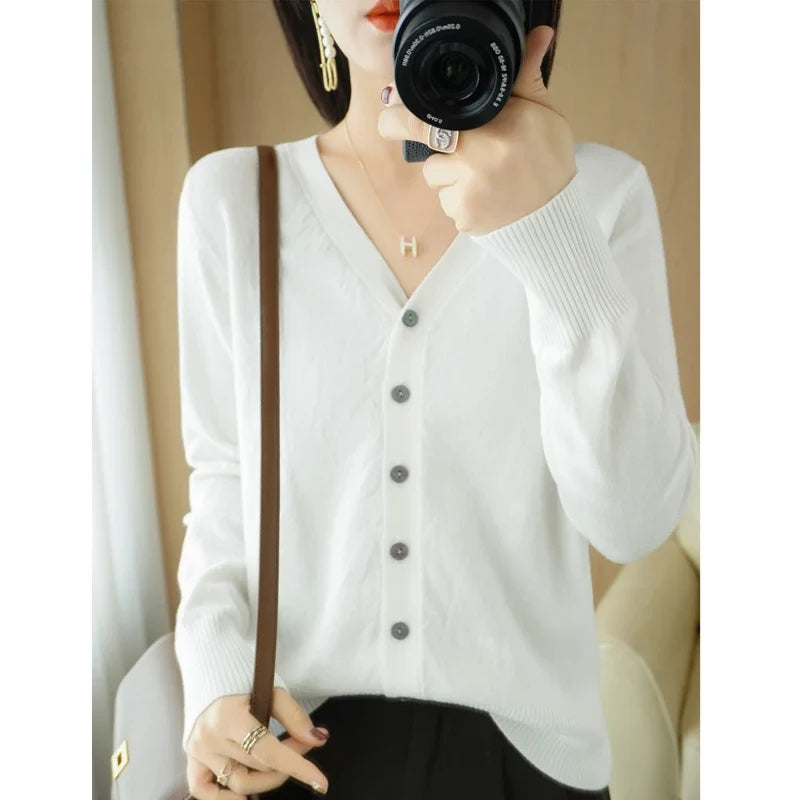 Damen Cardigan V-Ausschnitt Langarm Strickjacke mit Knöpfen