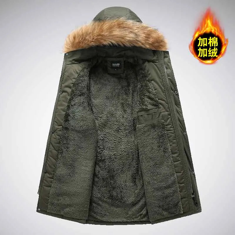 Herren Winterparka mit Kapuze und Pelzbesatz, warm gefütterte Jacke mit Reißverschluss- und Pattentaschen