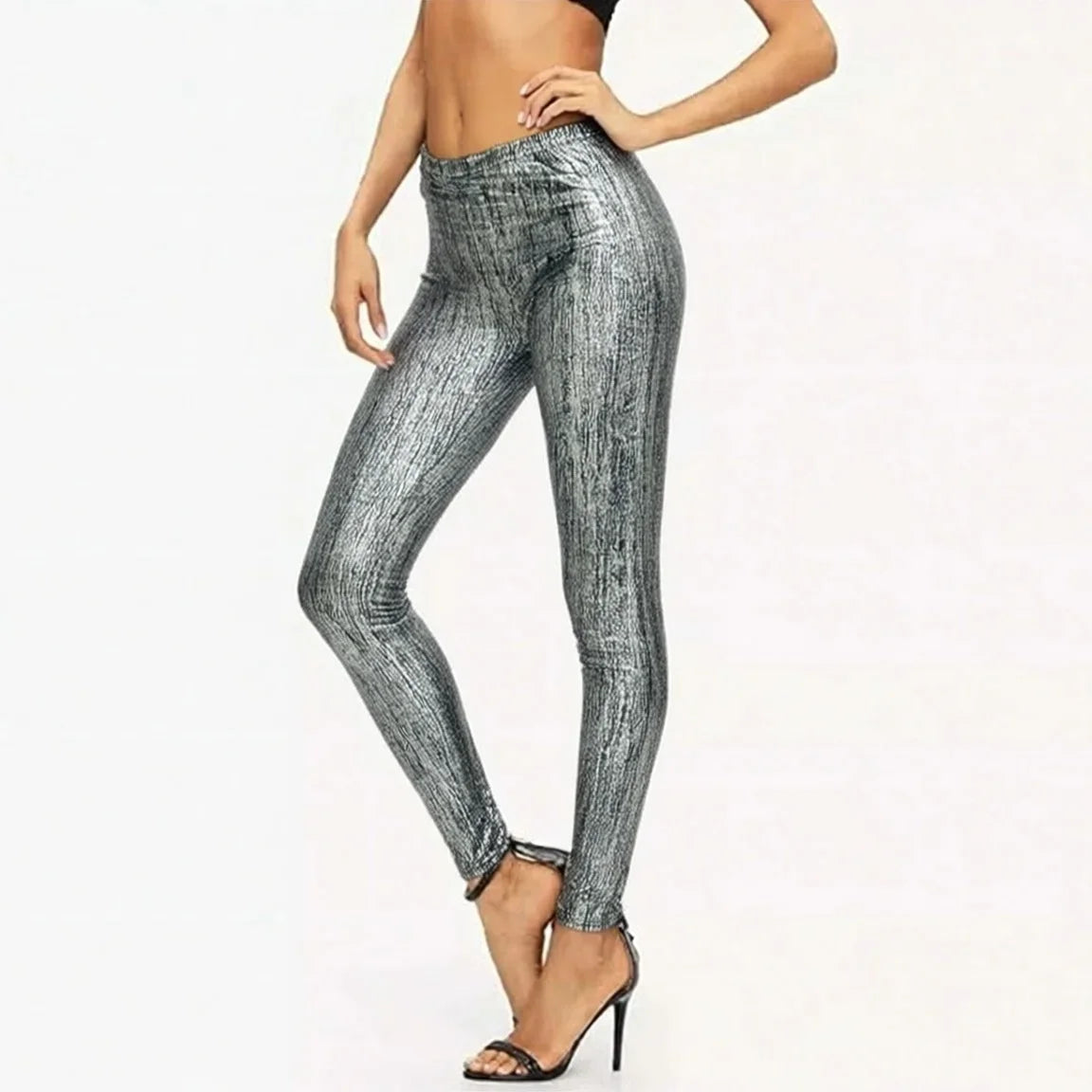 Damen Leggings Silber Glänzend Hochtailliert Skinny-Fit Hose