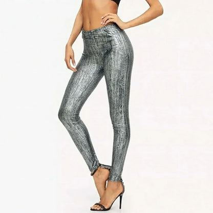 Damen Leggings Silber Glänzend Hochtailliert Skinny-Fit Hose