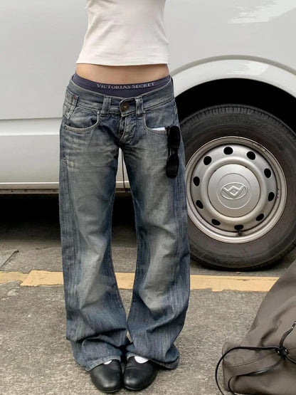 Jeans Damen Straight Leg Weite Passform Dunkelblau