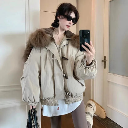 Damen Winterjacke mit Kapuze und Fellkragen Beige