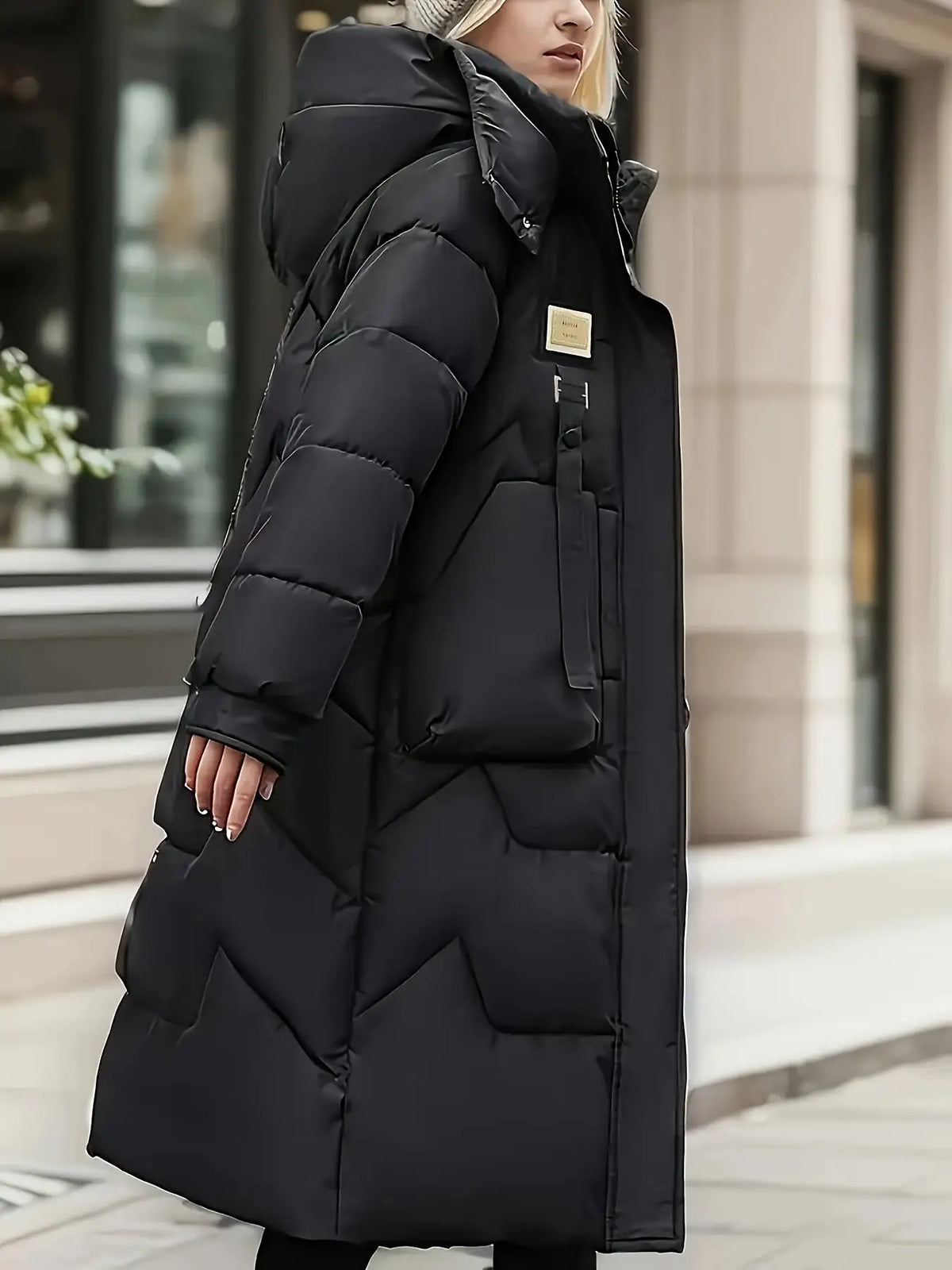 Langer Steppmantel mit Kapuze für Damen