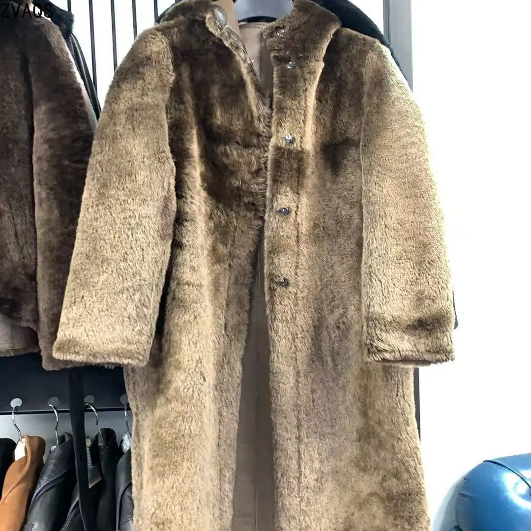 Langer Kunstfellmantel mit Kapuze, Teddy-Stil, Khaki