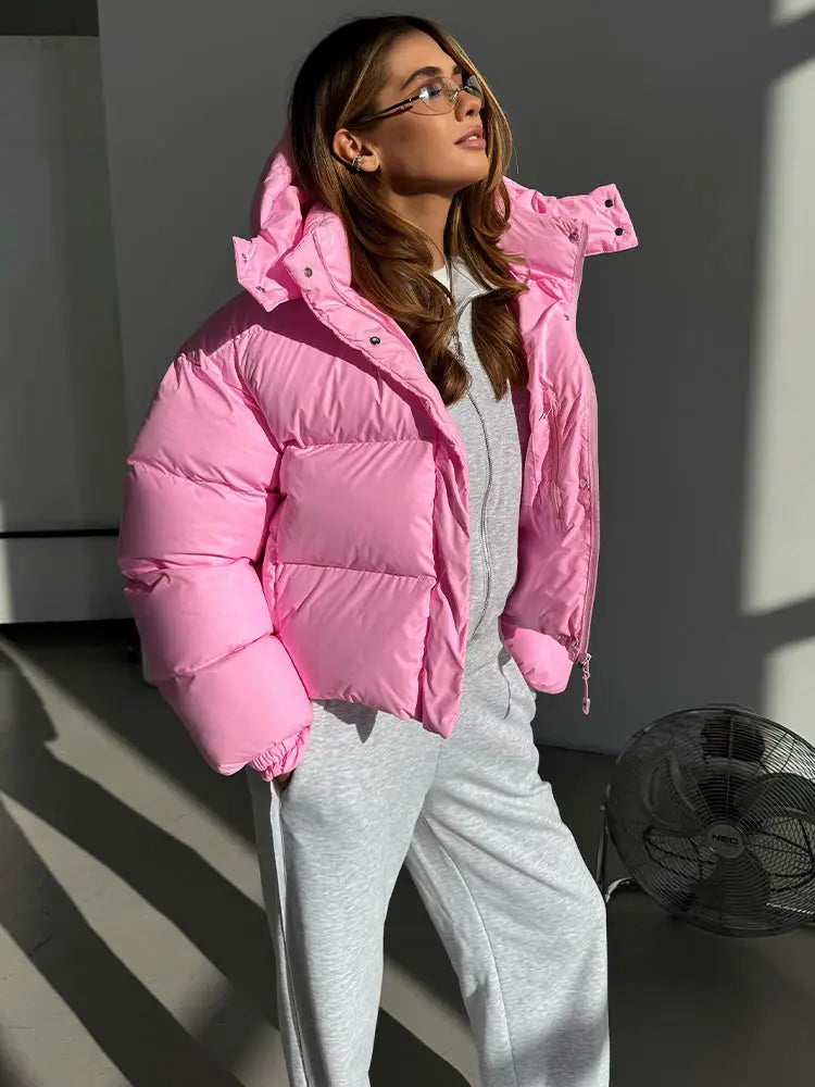 Kurze Pufferjacke Glänzend mit Kapuze Damen Winterjacke