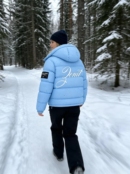 Unisex Pufferjacke mit Kapuze Hellblau Sprenkel-Muster