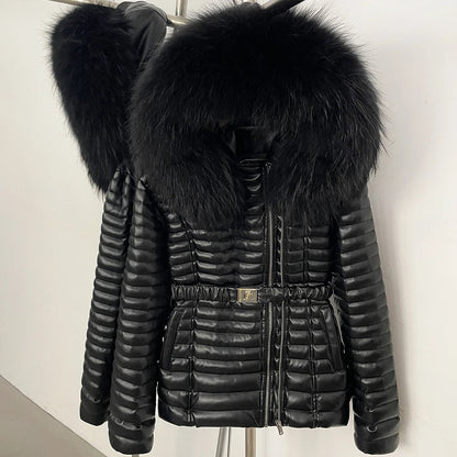 Damen Steppjacke Schwarz mit Pelzkragen & Gürtel, winterliche Outdoor-Jacke mit Reißverschluss
