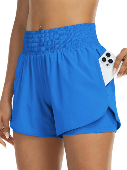 Damen Sportshorts mit hohem Bund und Tasche, 2-in-1-Design