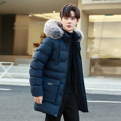 Herren Winterparka mit Kapuze Kunstfellbesatz Steppjacke Lang Warme Outdoormantel