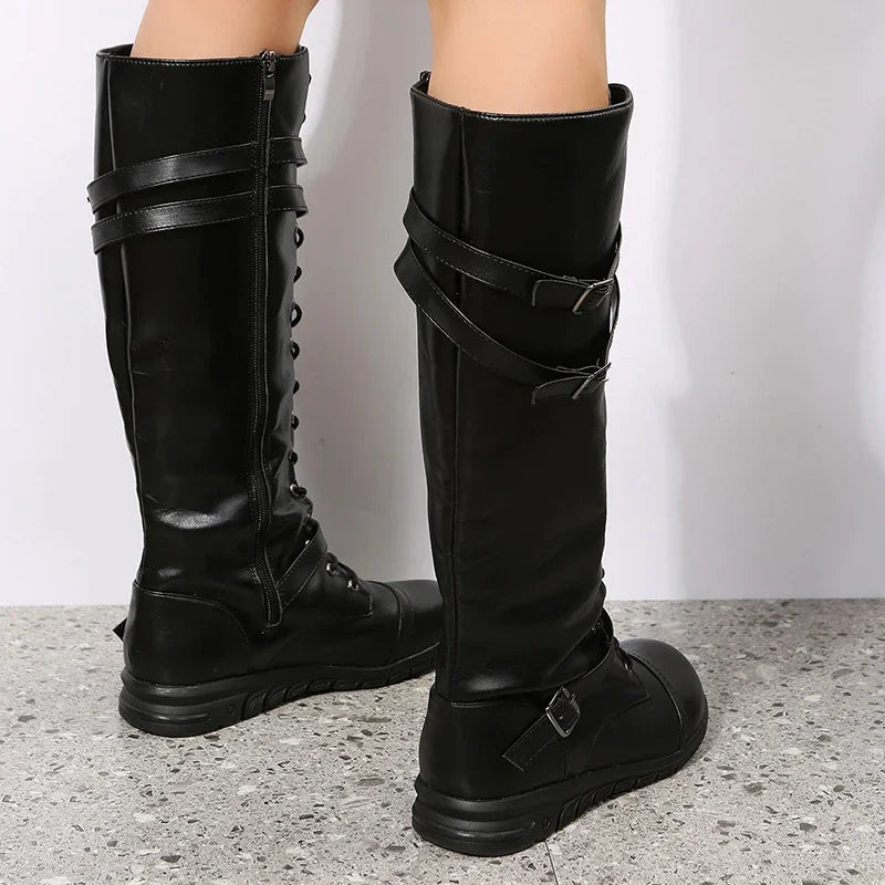 Damen Schnürstiefel mit Schnallen und Reißverschluss, Kniehoch, Braun