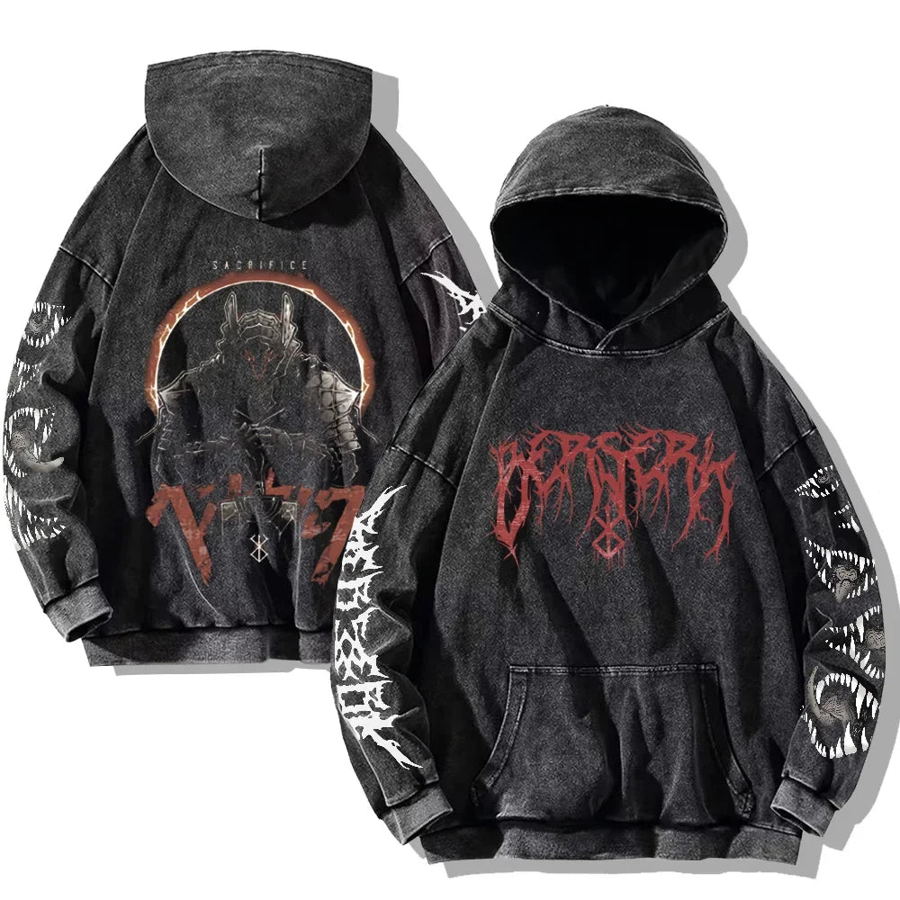 Oversized Kapuzenpullover Dunkelgrau mit Front- und Rückenprint und Ärmelprints