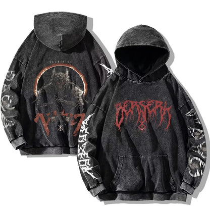 Oversized Kapuzenpullover Dunkelgrau mit Front- und Rückenprint und Ärmelprints
