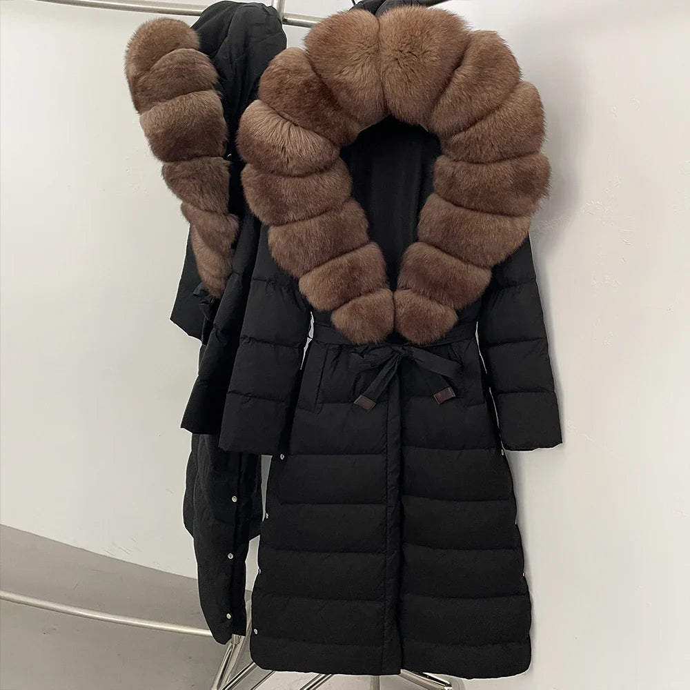 OFTBUY Grote Echte Vos Bontkraag X-Lange Puffer Jas Vrouwen Capuchon Winter Witte Eend Down Jas Dikke Vrouwelijke parka Met Riem