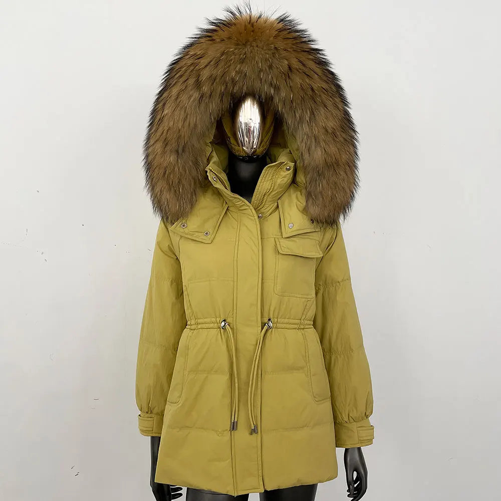 Damen Winter Parka mit Kapuze und Fellkragen Tunnelzug Weiß