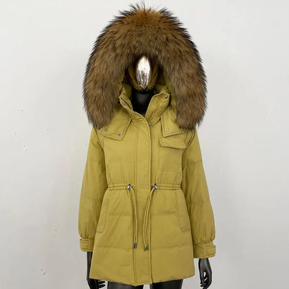 Damen Winter Parka mit Kapuze und Fellkragen Tunnelzug Weiß