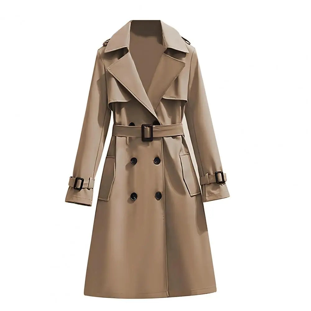 Damen Trenchcoat Lang Zweireihig Mit Gürtel und Reverskragen