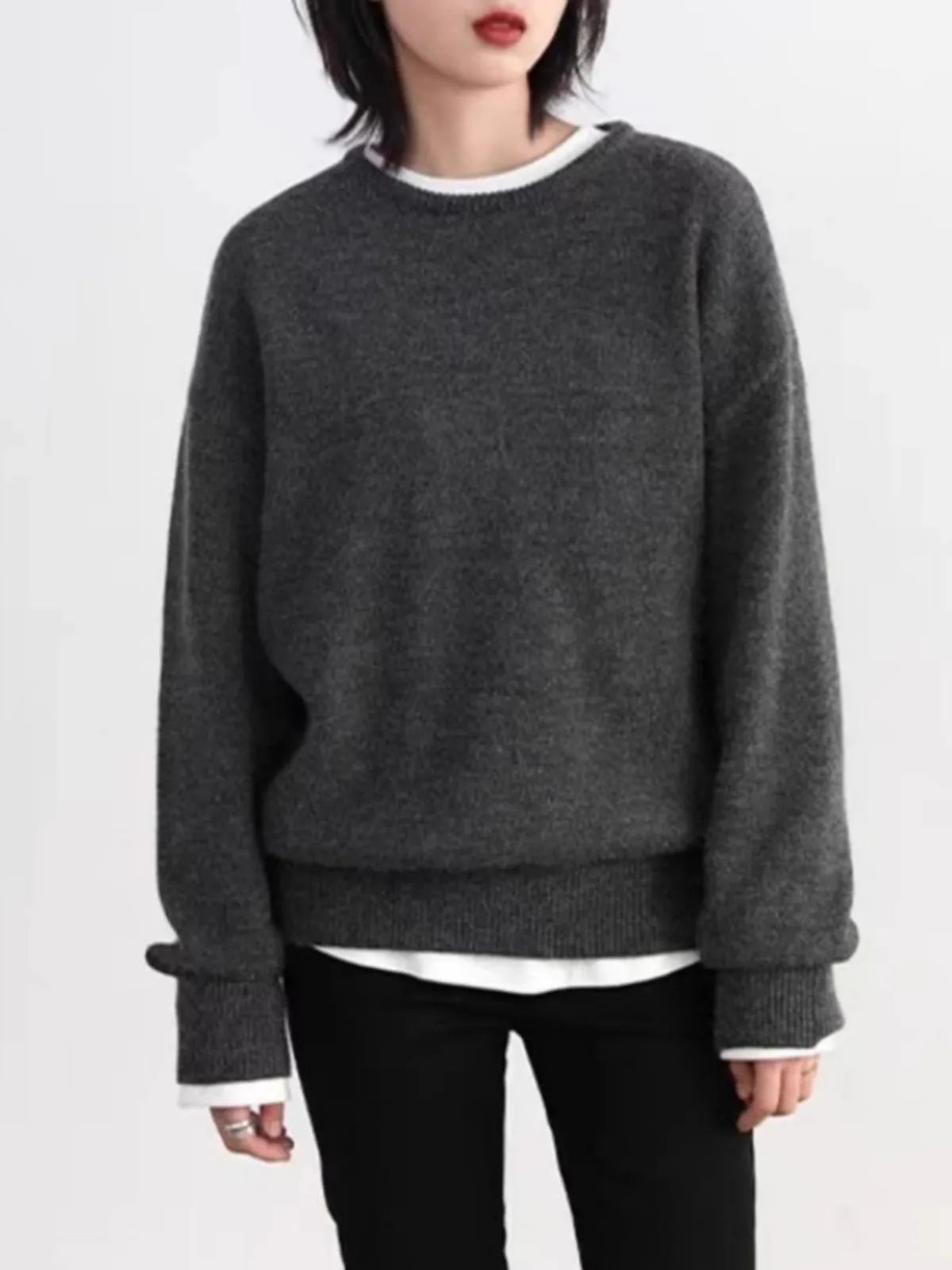 Damen Pullover Grau Rundhals Langarm Strick