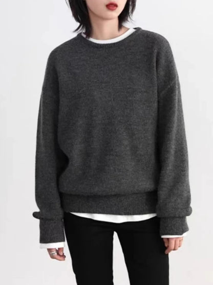 Damen Pullover Grau Rundhals Langarm Strick