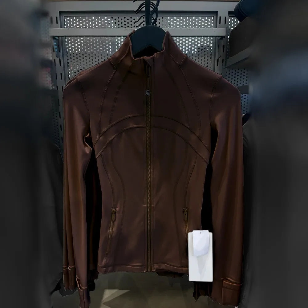 Damen Sportjacke mit Stehkragen, Reißverschluss und Daumenlöchern – Grau
