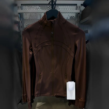 Damen Sportjacke mit Stehkragen, Reißverschluss und Daumenlöchern – Grau