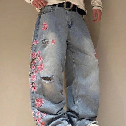 Loose Fit Jeans Damen Weite Bein Sakura-Stickerei Zerrissenes Design