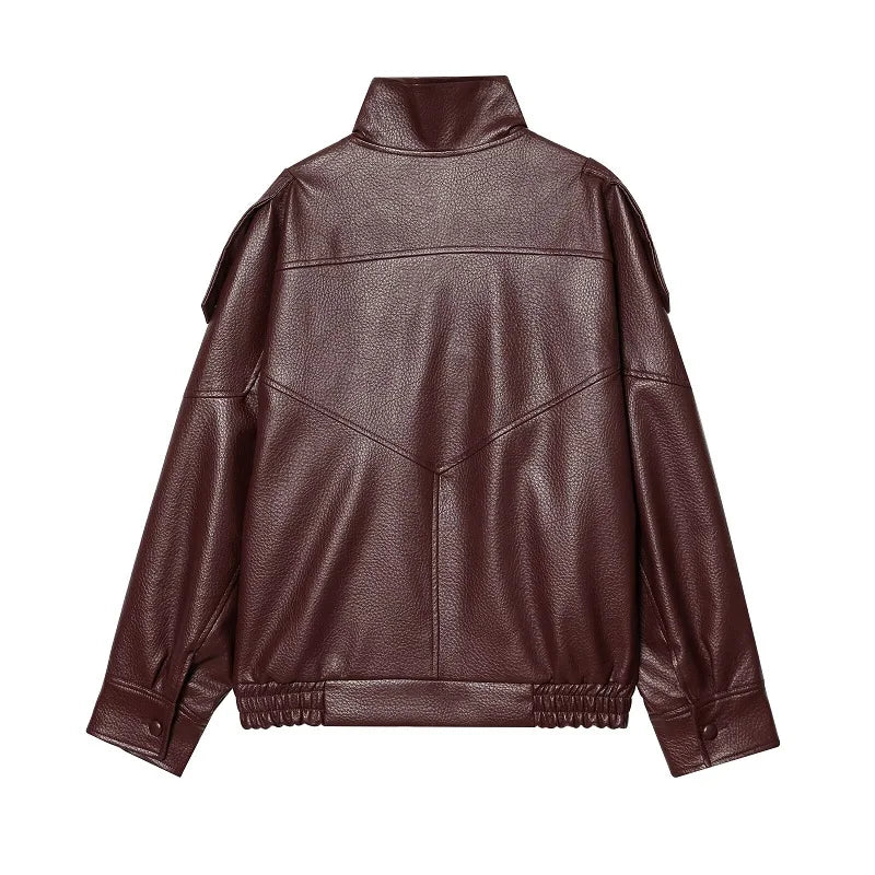 Damen Bikerjacke im Oversize-Stil mit Stehkragen und asymmetrischem Reißverschluss