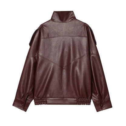 Damen Bikerjacke im Oversize-Stil mit Stehkragen und asymmetrischem Reißverschluss
