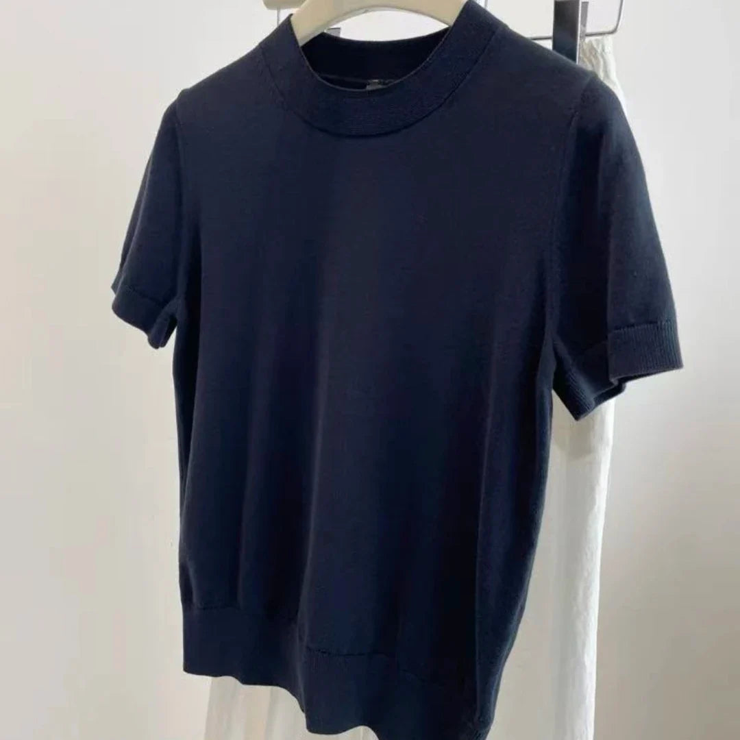Kurzarm Rundhals Stricktop Damen Gerippter Saum
