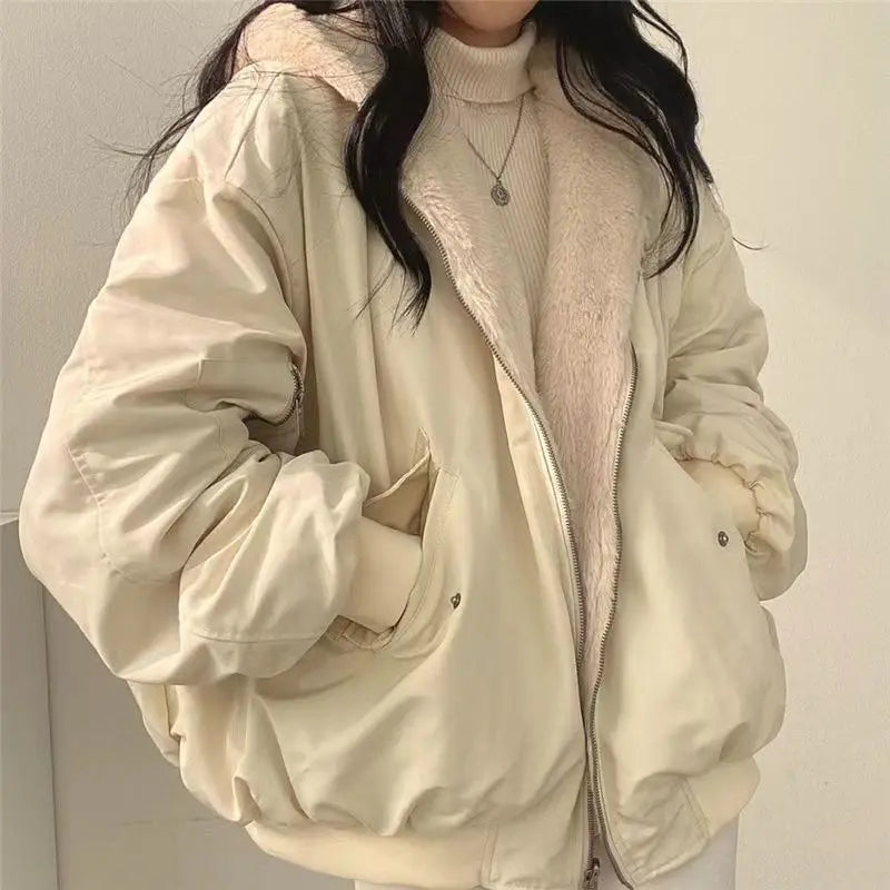 Damen Bomberjacke Wendejacke mit Kapuze Teddyfutter