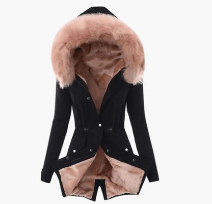 Damen Wintermantel mit Kapuze und Kunstfell-Futter – Eleganter, warmer Parka für kalte Tage