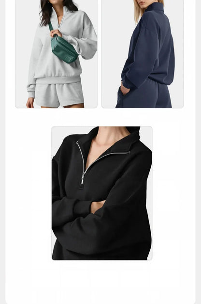 Damen Sweatshirt mit Stehkragen und Reißverschluss & Shorts Set Grau