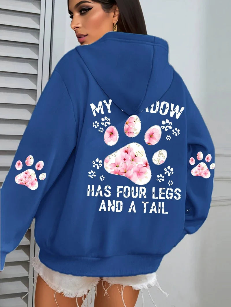 Damen Hoodie mit Kapuze und Blumen Pfotenabdruck Print