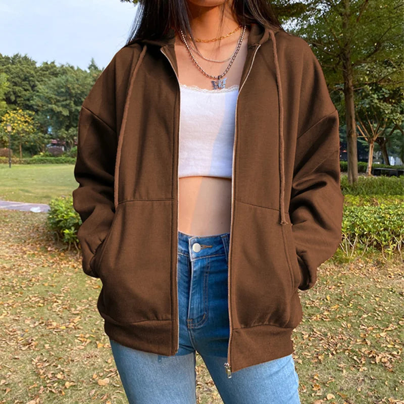 Damen Hoodie mit Reißverschluss & Kapuze - Langarm, Unifarben