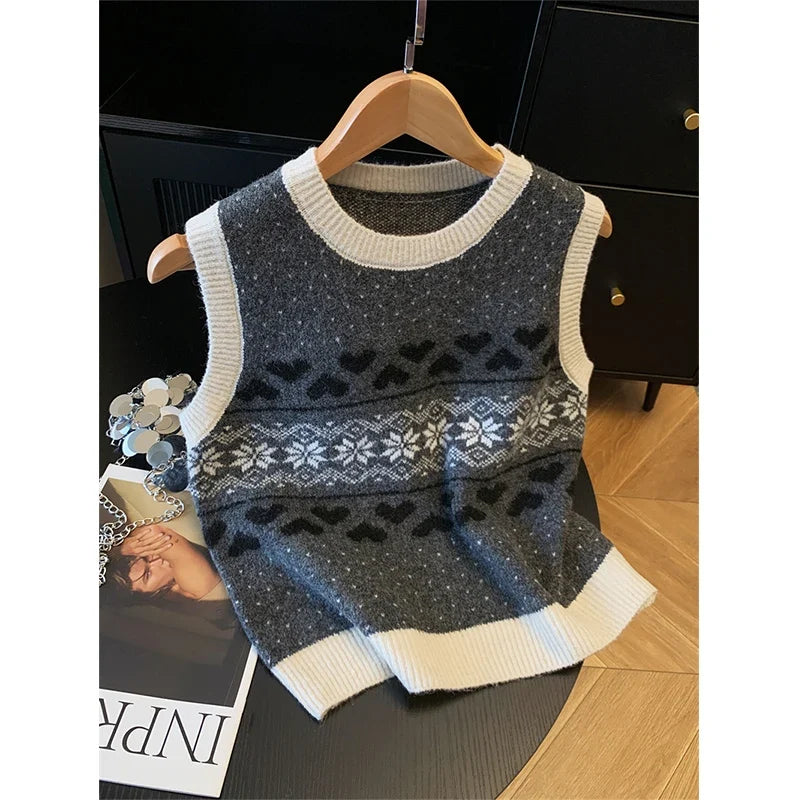 Strick Weste Damen Rundhals Fair Isle Muster Herz Schneeflocke