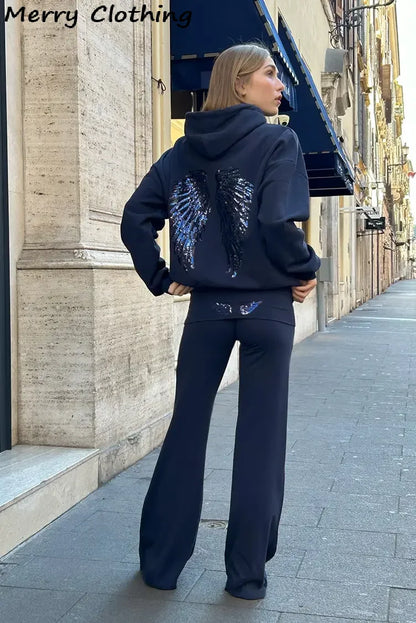 Glitzer Flügel Hoodie Damen Kapuzenpullover