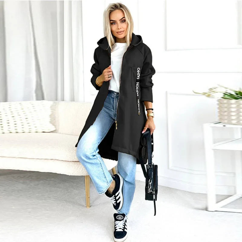 Damen Langer Kapuzenpullover mit Reißverschluss und Fronttasche, Langarm