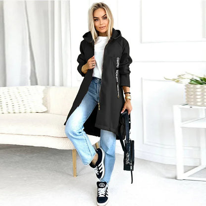 Damen Langer Kapuzenpullover mit Reißverschluss und Fronttasche, Langarm