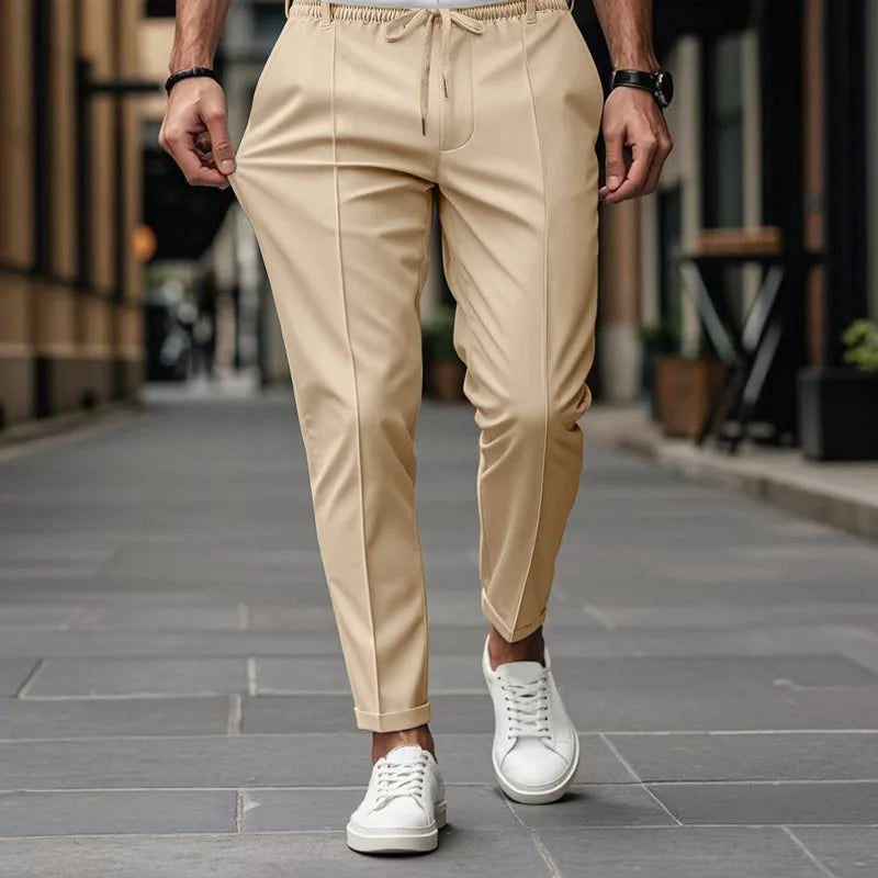 Herren Freizeithose Khaki Elastischer Bund Kordelzug Mit Bügelfalte